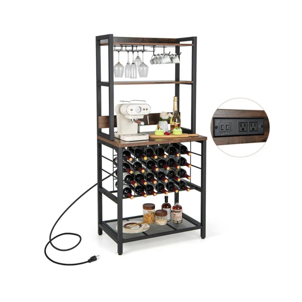 Wine Bar Cabinet with 4 Tier Storage Shelves and Glass Holders
