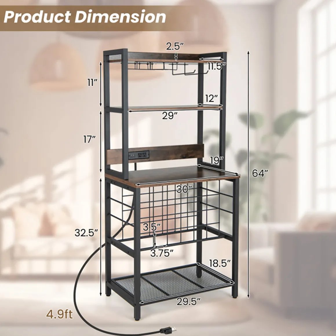 Wine Bar Cabinet with 4 Tier Storage Shelves and Glass Holders