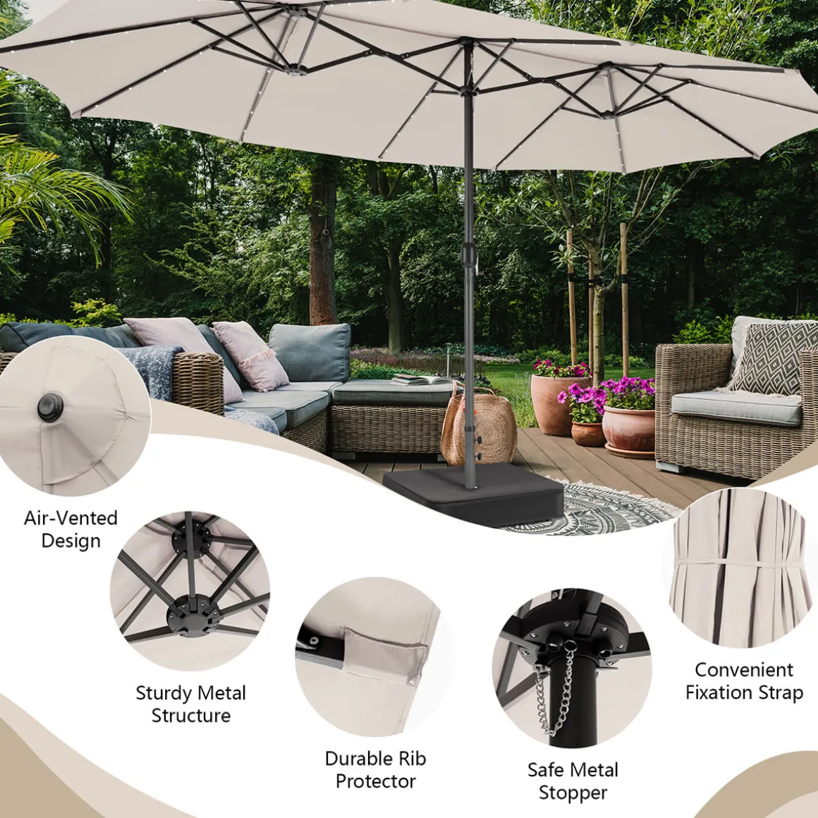 15' Double-Sided Patio Umbrella with Solar Powered LED Lights