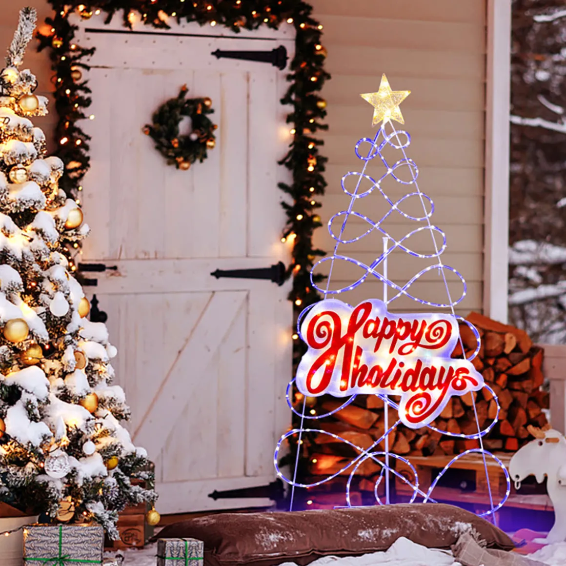 5.6' Pre-Lit Happy Holidays Christmas Tree Decoration