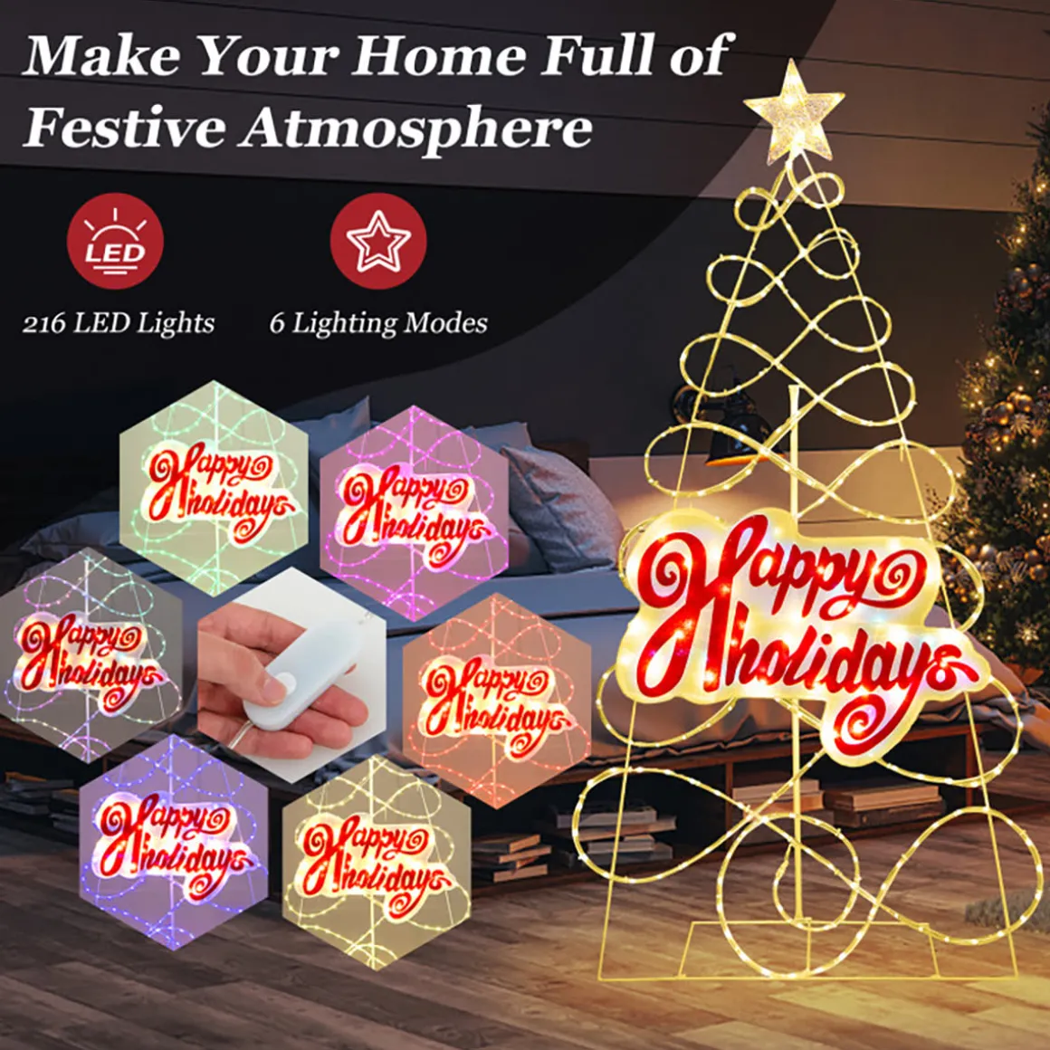 5.6' Pre-Lit Happy Holidays Christmas Tree Decoration
