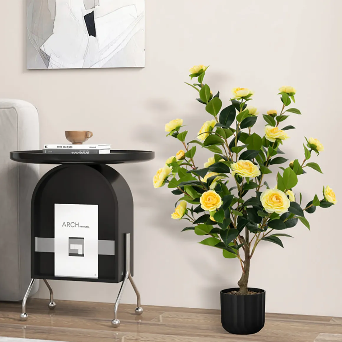 38'' Artificial Camellia Flower Trees with Cement Pot (Set of 2)