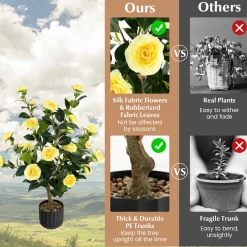 38'' Artificial Camellia Flower Trees with Cement Pot (Set of 2)