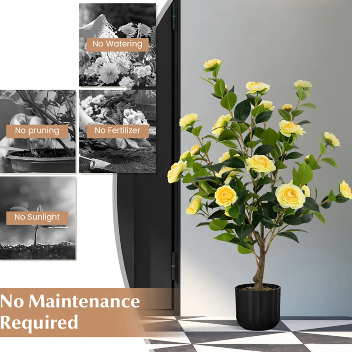 38'' Artificial Camellia Flower Trees with Cement Pot (Set of 2)