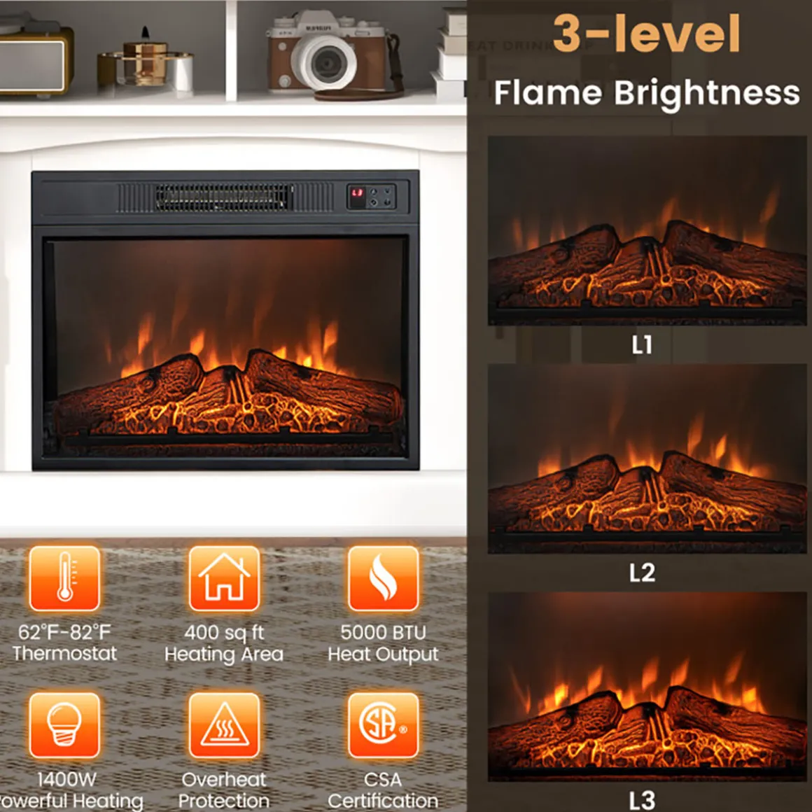 58'' Fireplace TV Stand with Side Cabinets