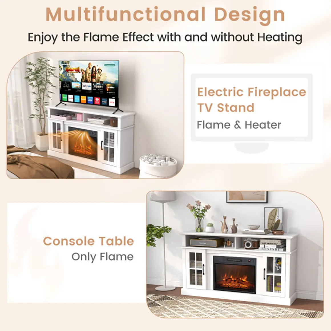 58'' Fireplace TV Stand with Side Cabinets