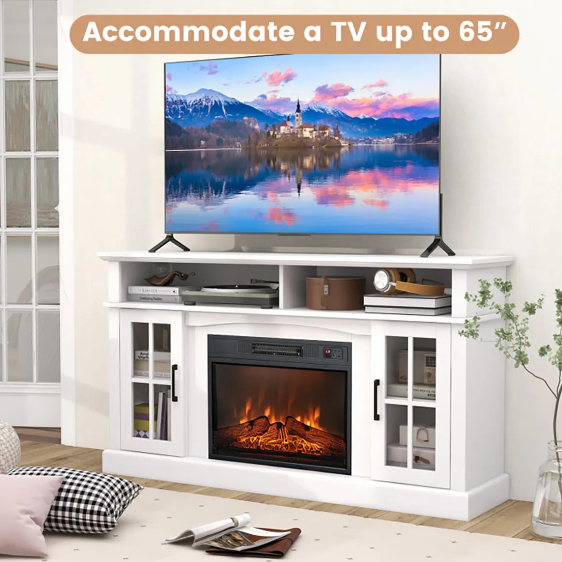 58'' Fireplace TV Stand with Side Cabinets