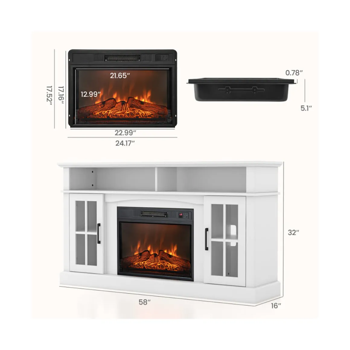58'' Fireplace TV Stand with Side Cabinets