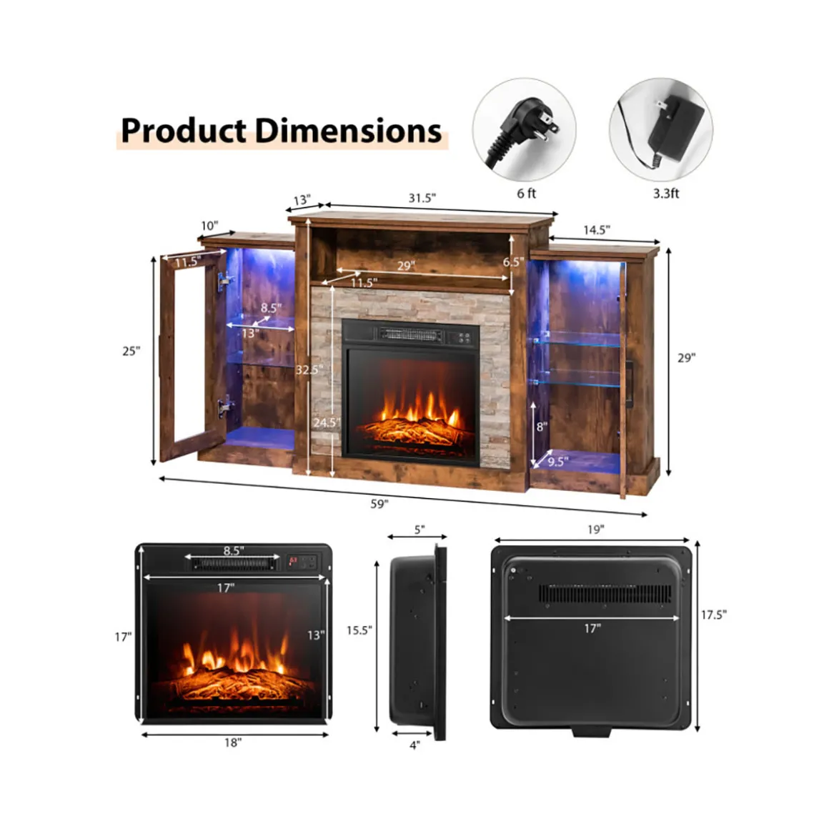 58'' Fireplace TV Stand with Adjustable Shelves