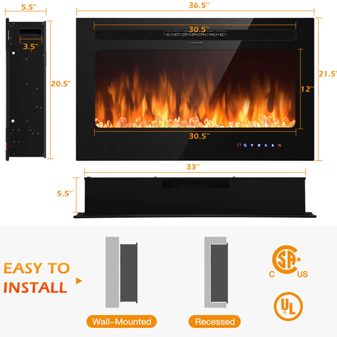 36'' Recessed/Wall-Mounted Electric Fireplace