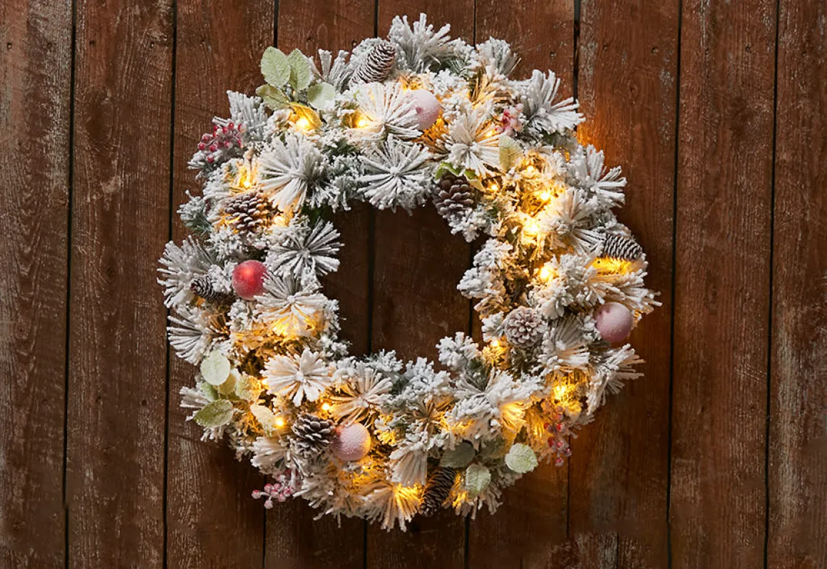 30'' White Flocked Cordless Pre-Lit Indoor/Outdoor Wreath