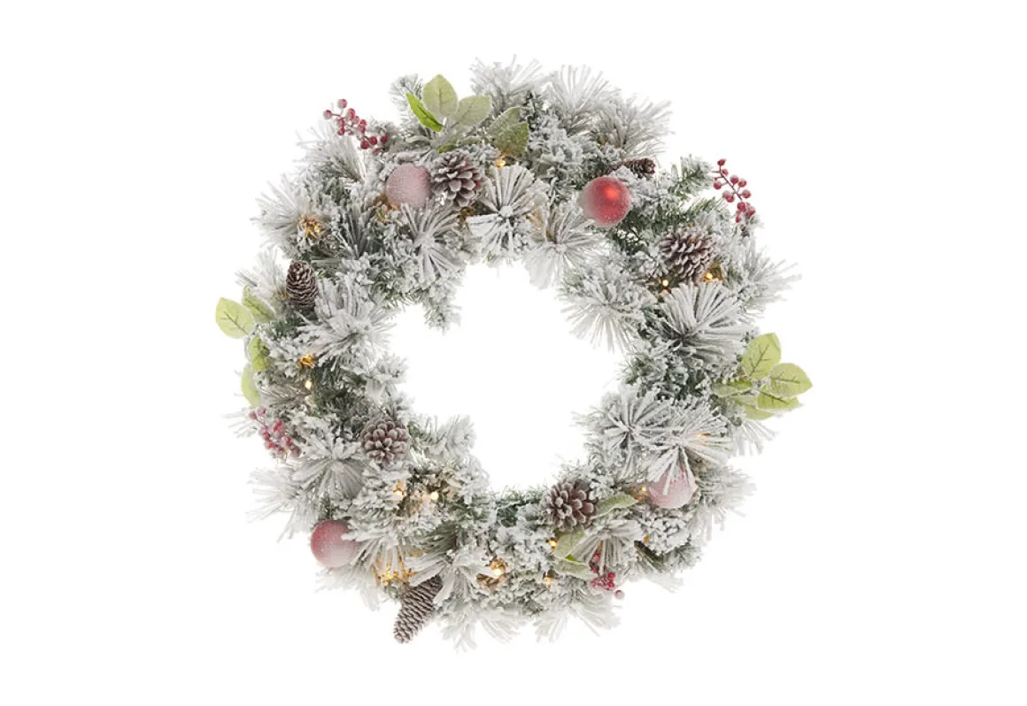 30'' White Flocked Cordless Pre-Lit Indoor/Outdoor Wreath